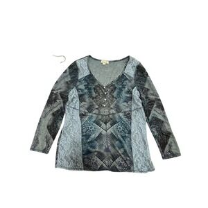 One World Womens Blue Lace Patchwork Print Long Sleeve V Neck Top Size 1X‎
